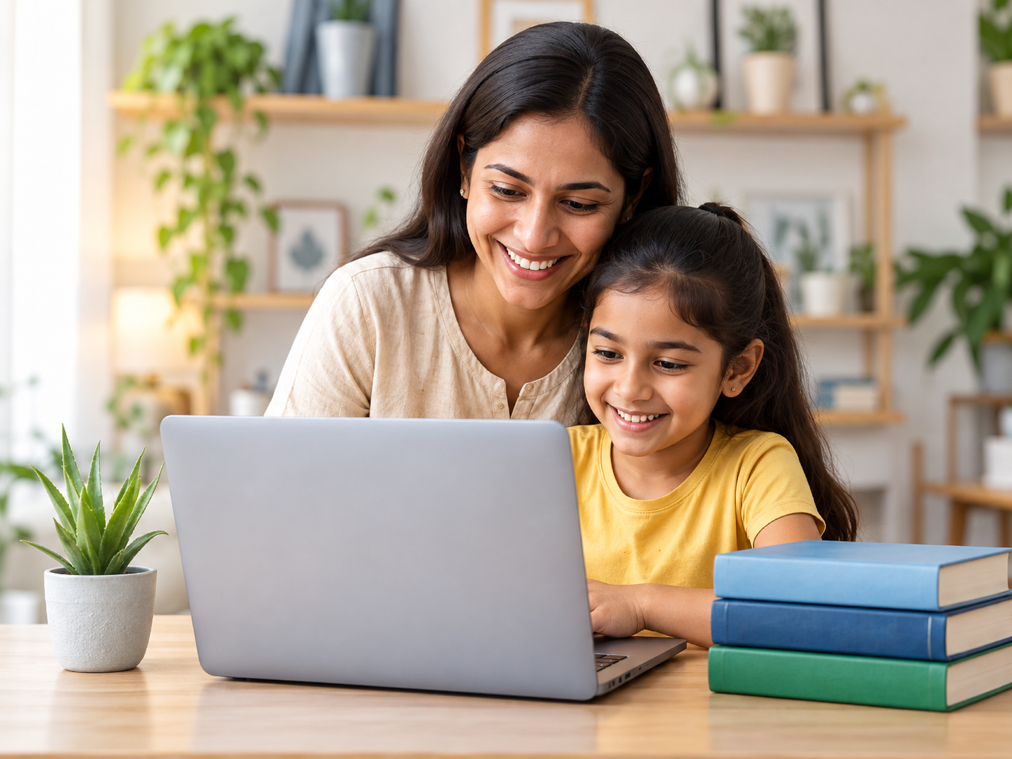 Illustrative image of a mother and daughter working together on a laptop